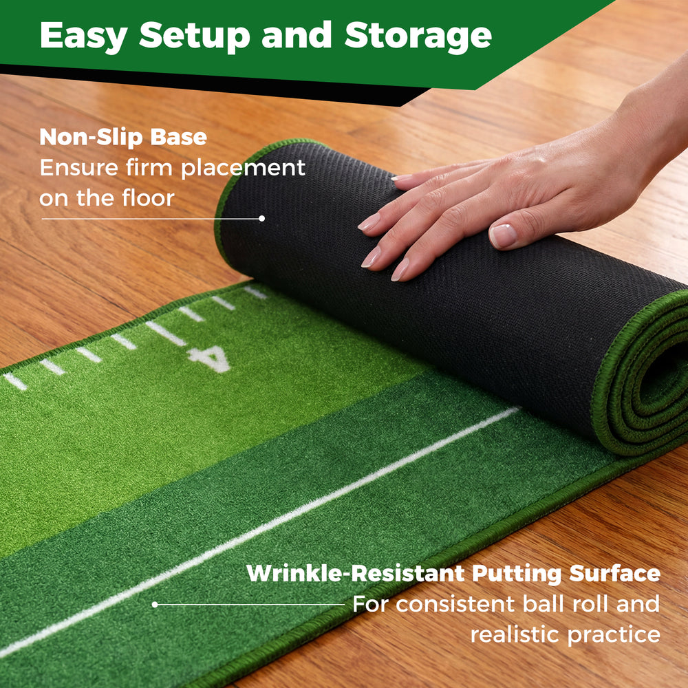 Indoor golf putting mat with non-slip base and wrinkle-resistant surface for consistent practice and easy storage.