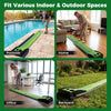 Indoor golf putting mat with auto ball return, featuring a realistic surface and distance markings for practice at home.