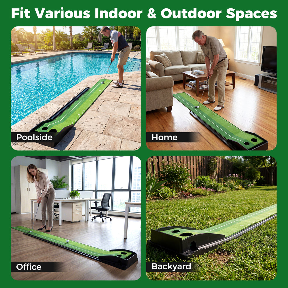Indoor golf putting mat with auto ball return, featuring a realistic surface and distance markings for practice at home.