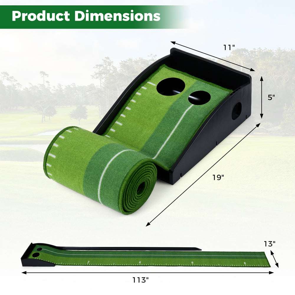 Putting green indoor golf mat with auto ball return, featuring distance markings and includes 3 practice balls for.