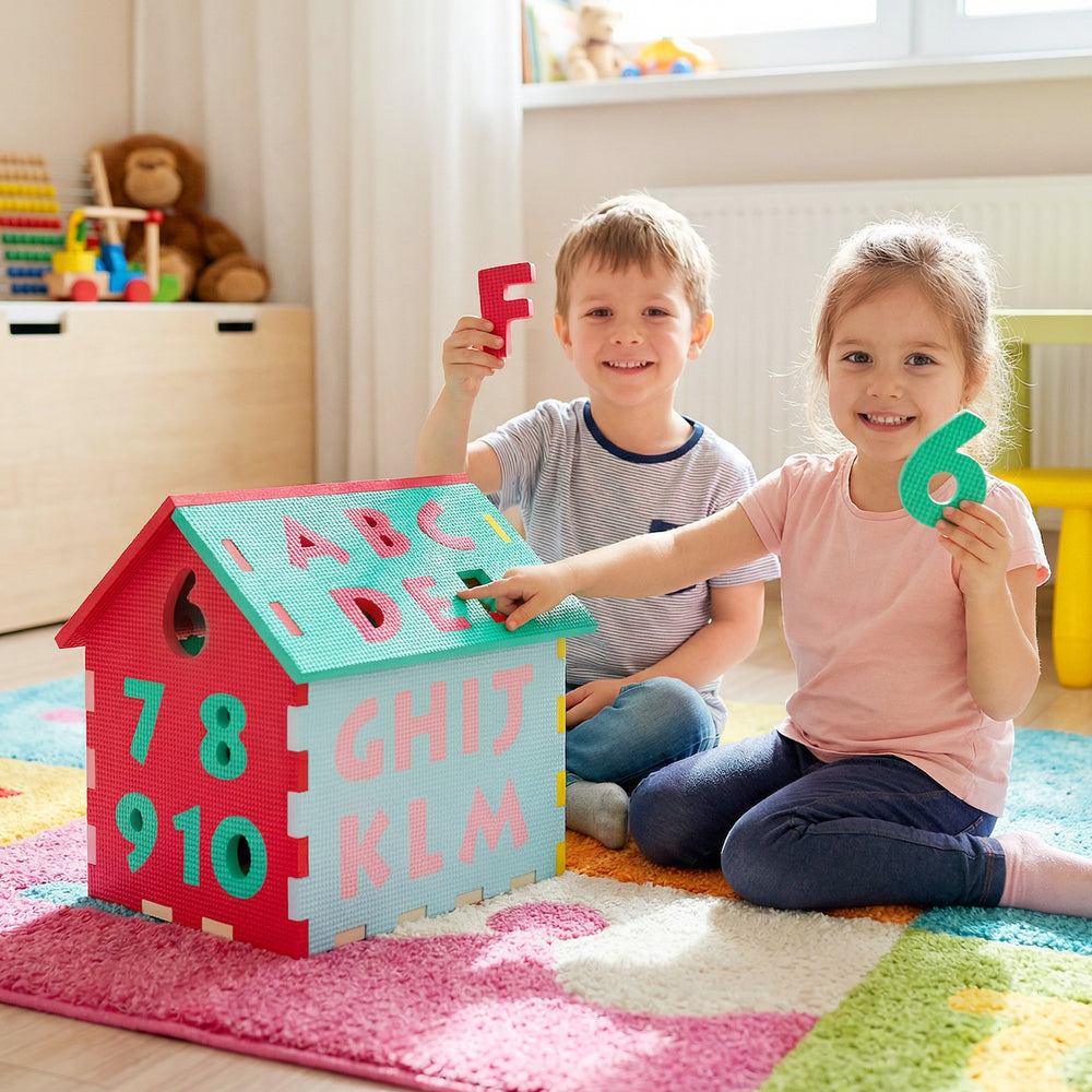 Colorful interlocking alphabet and number puzzle mats for kids, promoting creativity and coordination in playrooms.