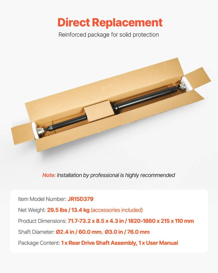 Vevor Rear Driveshaft for 2015–2019 Dodge Challenger V6 3.6L 71.7–73.2" New