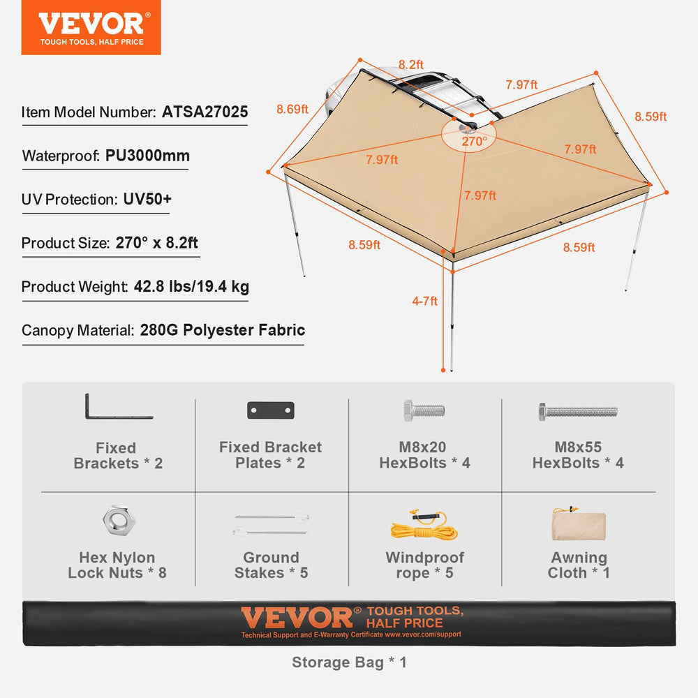 Vevor Vehicle Awning 270° 8.2' Height UV50+ Retractable Car Side Awning with Waterproof Storage Bag New