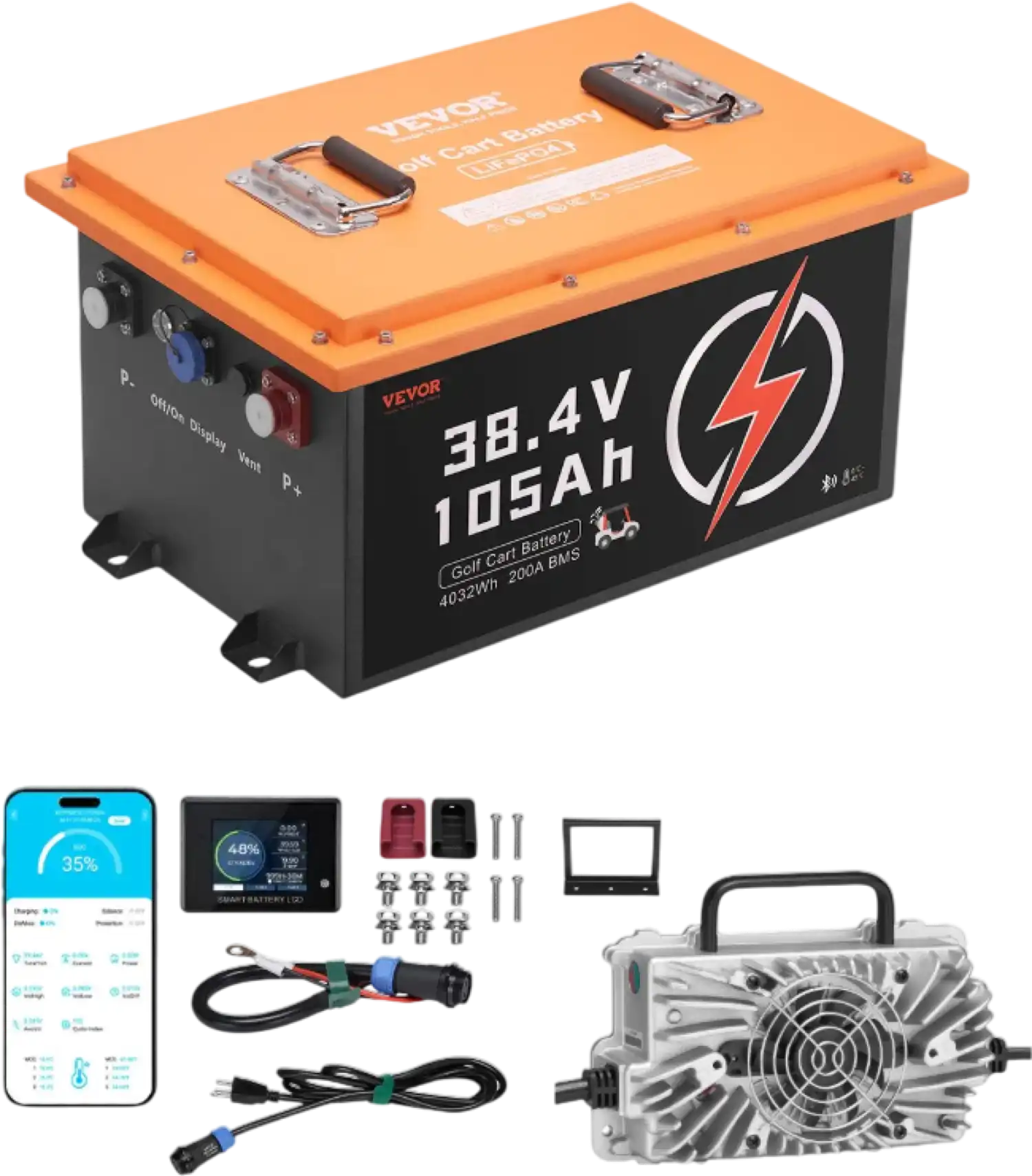 Vevor Golf Cart Battery 36V 105Ah LiFePO4 with Touch Monitor and 20A Charger New