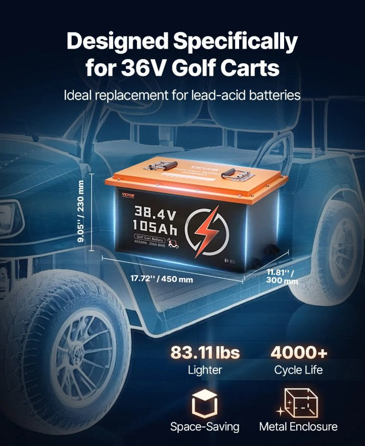 Vevor Golf Cart Battery 36V 105Ah LiFePO4 with Touch Monitor and 20A Charger New