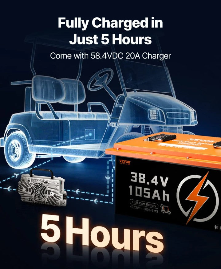 Vevor Golf Cart Battery 36V 105Ah LiFePO4 with Touch Monitor and 20A Charger New
