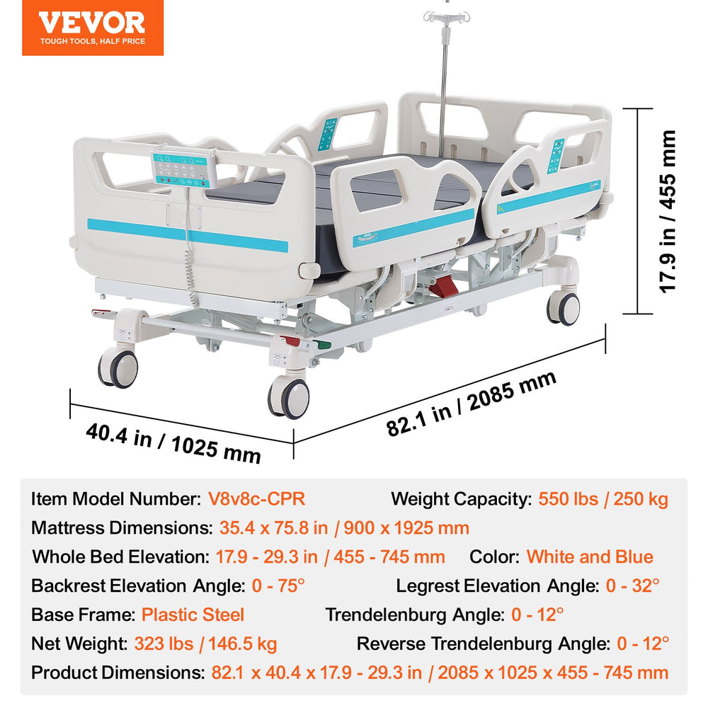 Vevor Hospital Bed Premium 5 Function Full Electric Medical Bed with Cardiac Position 550 Lbs Capacity New