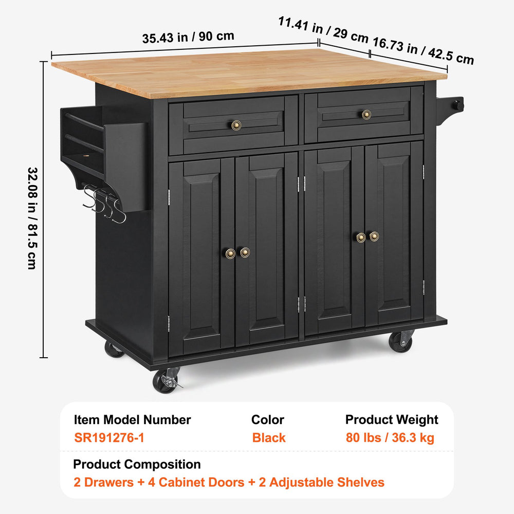 Vevor Kitchen Island Cart 35.4" Solid Rubberwood Top Mobile with Drop Leaf Spice Rack and 2 Drawers Black New