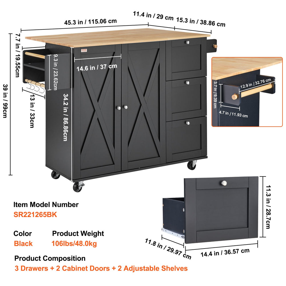 Vevor Kitchen Island Cart 45.3" Solid Rubberwood Top Mobile with Drop Leaf Spice Rack and 3 Drawers Black New