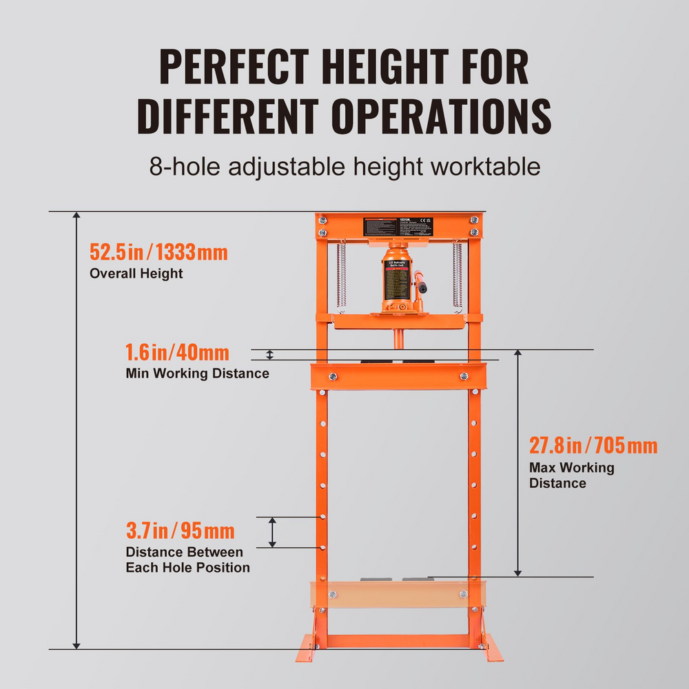 Vevor Hydraulic Shop Press 12 Ton H-Frame Adjustable Height Heavy Duty New