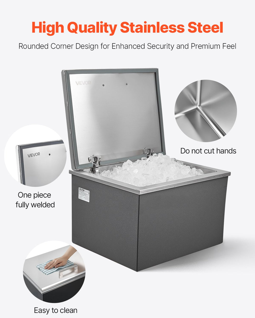 Vevor Drop-In Ice Chest 113.7 Qt Stainless Steel 28" x 20" x 17" Insulated with Flip Lid and Drain New