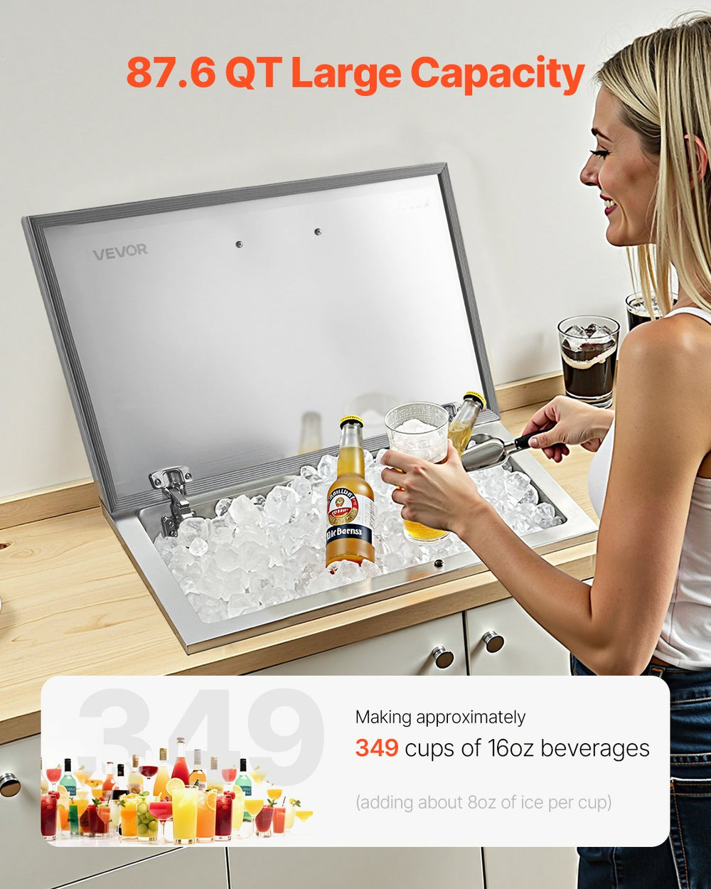 Vevor Drop-In Ice Chest 87.6 Qt Stainless Steel 28" x 16" x 17" Insulated with Flip Lid and Drain New