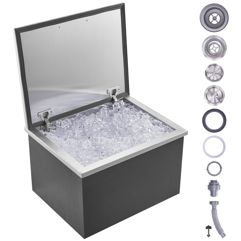 Vevor Commercial Drop-In Ice Chest 20" x 16" x 13" 46.7 Qt. Stainless Steel with Hinged Cover and Drain New