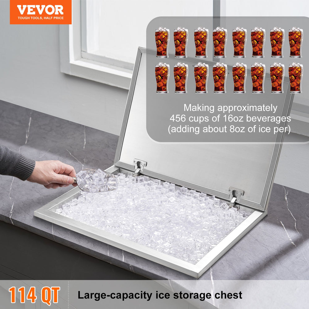 Vevor Commercial Drop-In Ice Chest 28" x 20" x 17" 114 Qt. Stainless Steel with Hinged Cover and Drain New