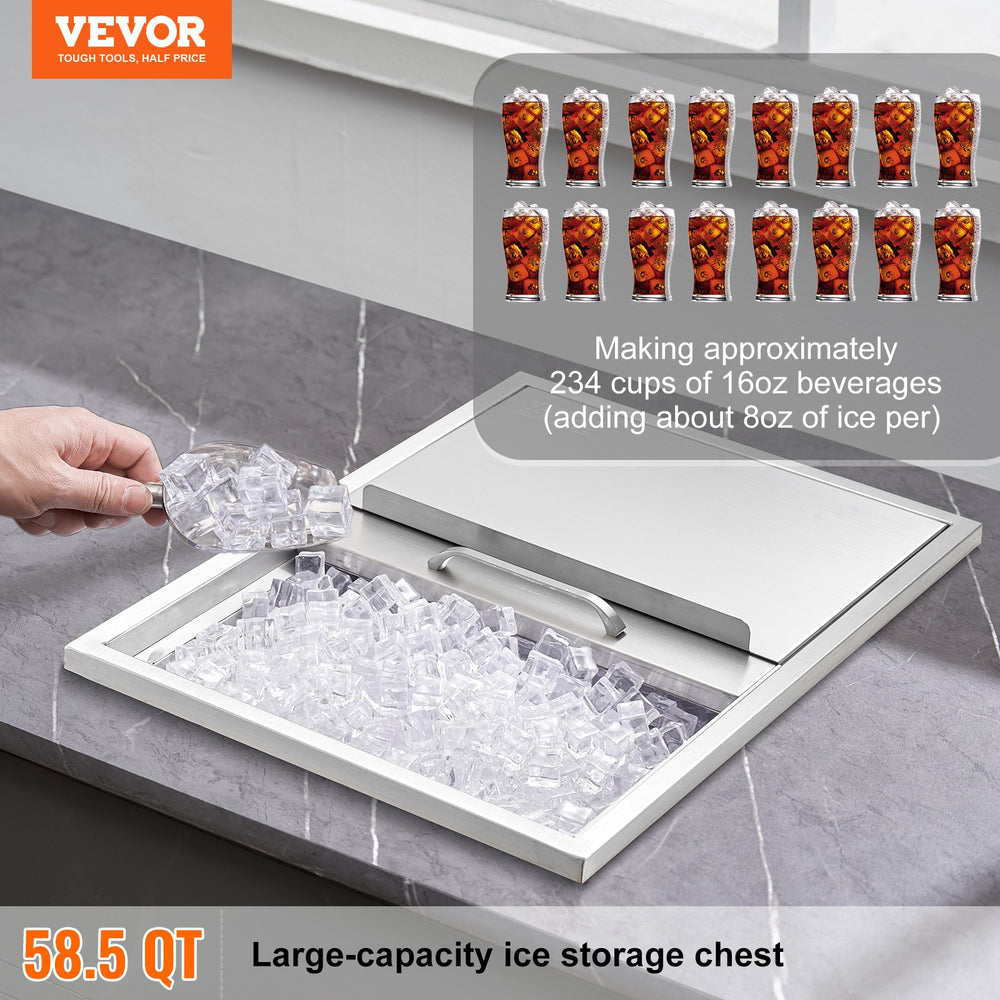 Vevor Commercial Drop-In Ice Chest 24" x 18" x 13" 58.5 Qt. Stainless Steel with Sliding Cover and Drain New