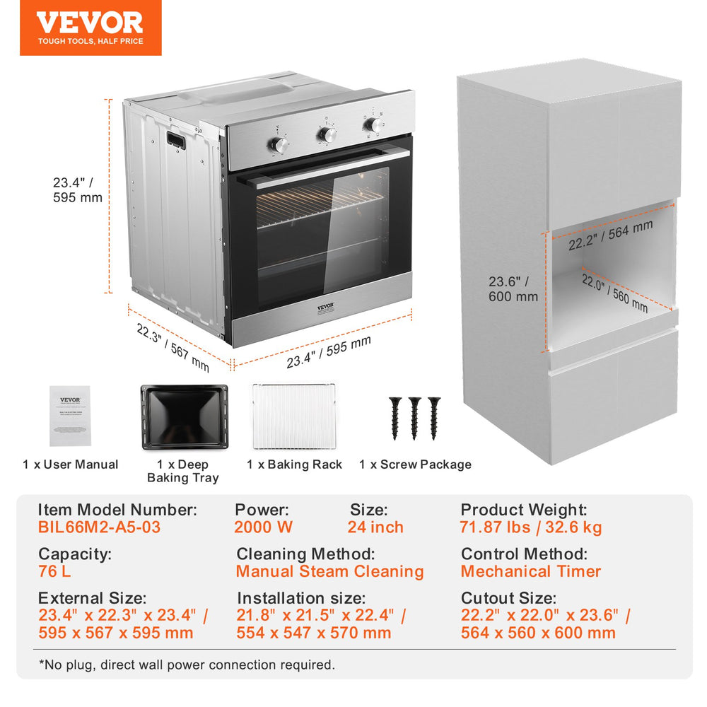 Vevor Wall Oven 24" Electric Built-In Single Oven 2.68 Cu. Ft. 6 Functions Convection Self-Cleaning System New