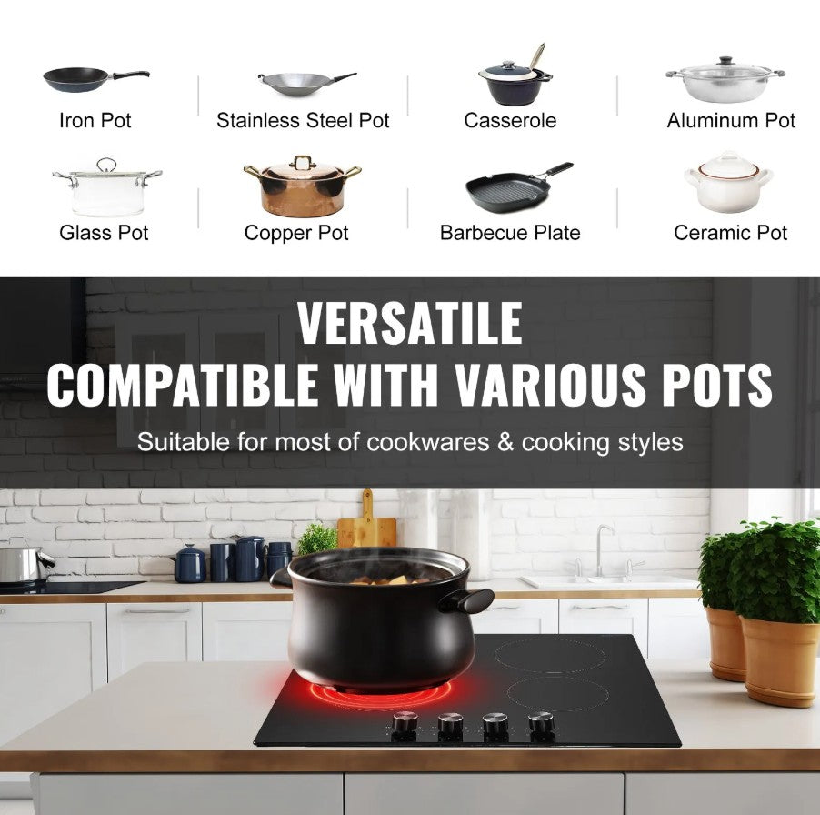 Vevor Built-In Electric Radiant Ceramic Cooktop 24" 4 Burners 6000W New