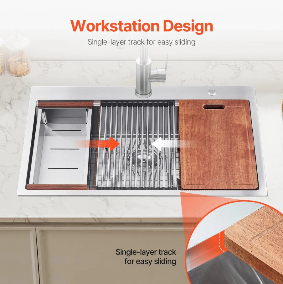 Vevor Drop-In Kitchen Sink 30" Stainless Steel Top-Mount Single Bowl with Workstation New