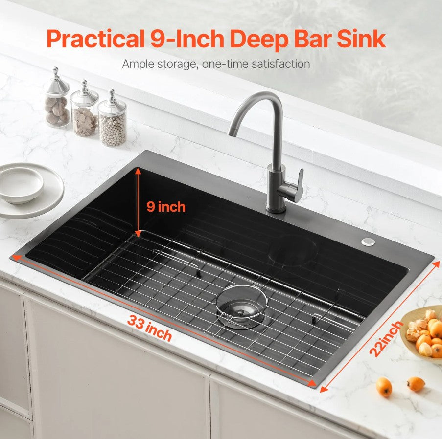 Vevor Drop-In Kitchen Sink 33" Stainless Steel Top-Mount Single Bowl Black New