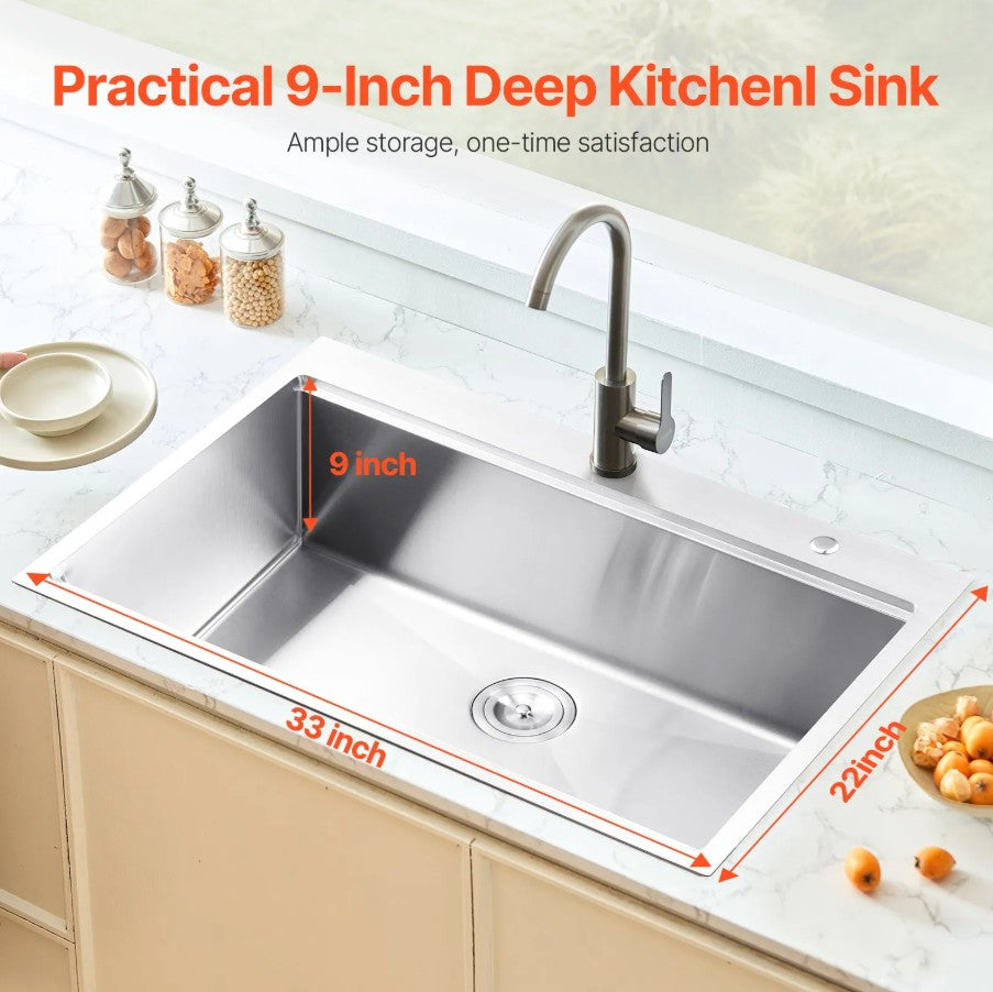 Vevor Kitchen Sink 33" Top Mount Single Bowl Stainless Steel with Accessories New