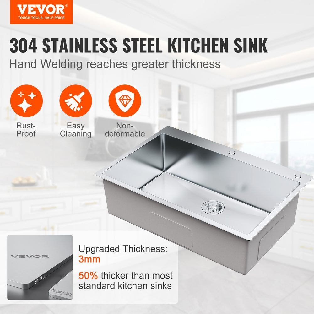 Vevor 33" Drop-In Kitchen Sink Stainless Steel Top Mount Single Bowl and Accessories New