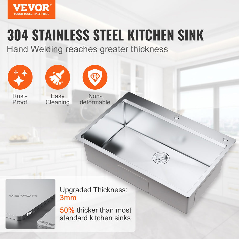 Vevor 33" Drop-In Kitchen Sink Stainless Steel Top Mount Single Bowl with Ledge and Accessories New