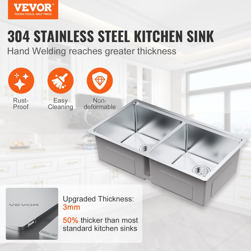 Vevor 33" Undermount Kitchen Sink Stainless Steel Double Bowl with Ledge and Accessories New