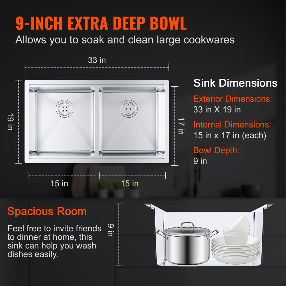 Vevor 33" Undermount Kitchen Sink Stainless Steel Double Bowl with Ledge and Accessories New