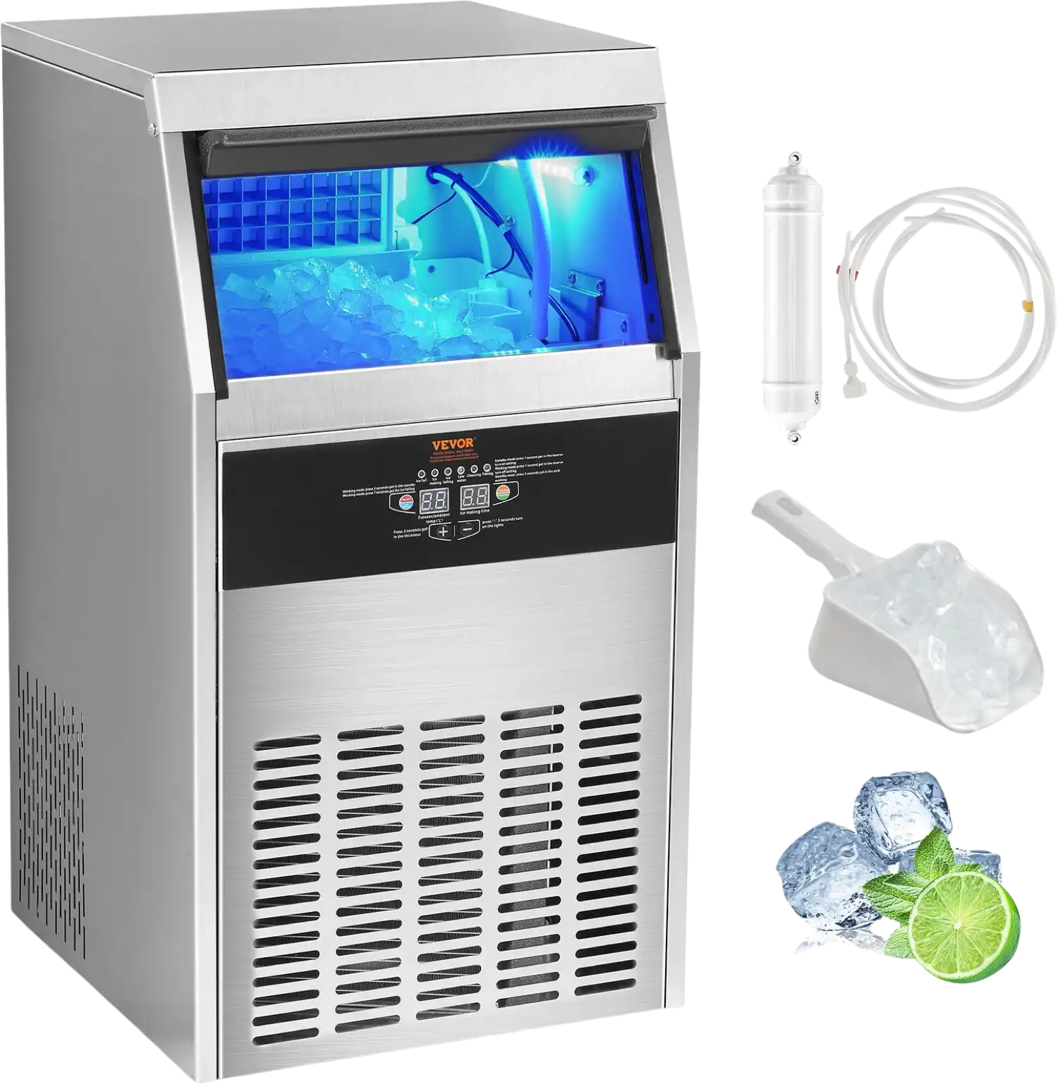 Vevor Commercial Ice Maker 100lbs/24H with 33lbs Storage Freestanding Auto Cleaning New