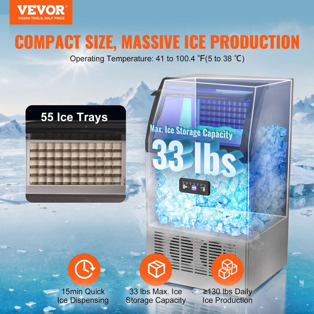 Vevor Commercial Ice Maker 130Lbs/24H with 33 Lbs Storage LED Digital Display Auto Cleaning New