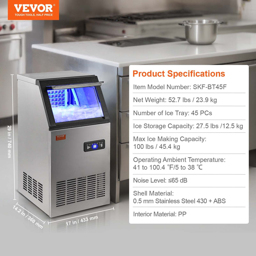 Vevor Commercial Ice Maker 100Lbs/24H with 27.5 Lbs Storage LED Digital Display Auto Cleaning New