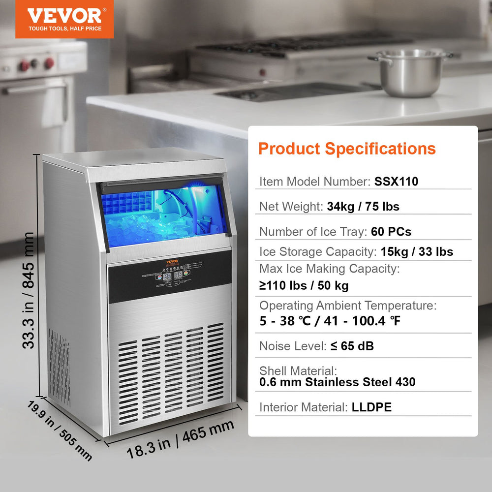 Vevor Commercial Ice Maker 110lbs/24H with 33lbs Storage 60 Cubes Freestanding Auto Cleaning New