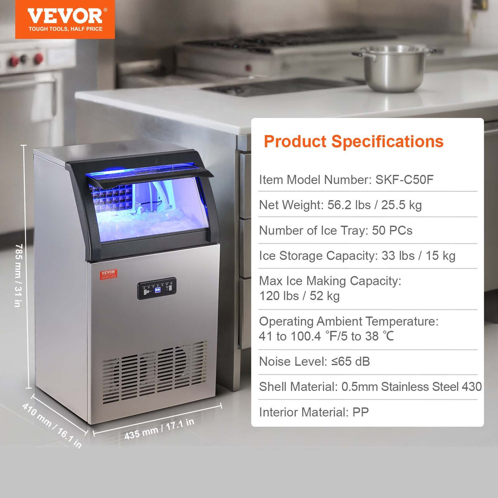 Vevor Commercial Ice Maker 120Lbs/24H with 33 Lbs Storage LED Digital Display Auto Cleaning New