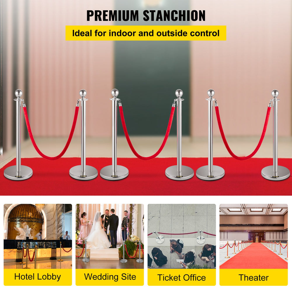 Vevor Stanchion Crowd Control Posts 37.4" Silver with 5' Red Velvet Rope 6 Pcs New