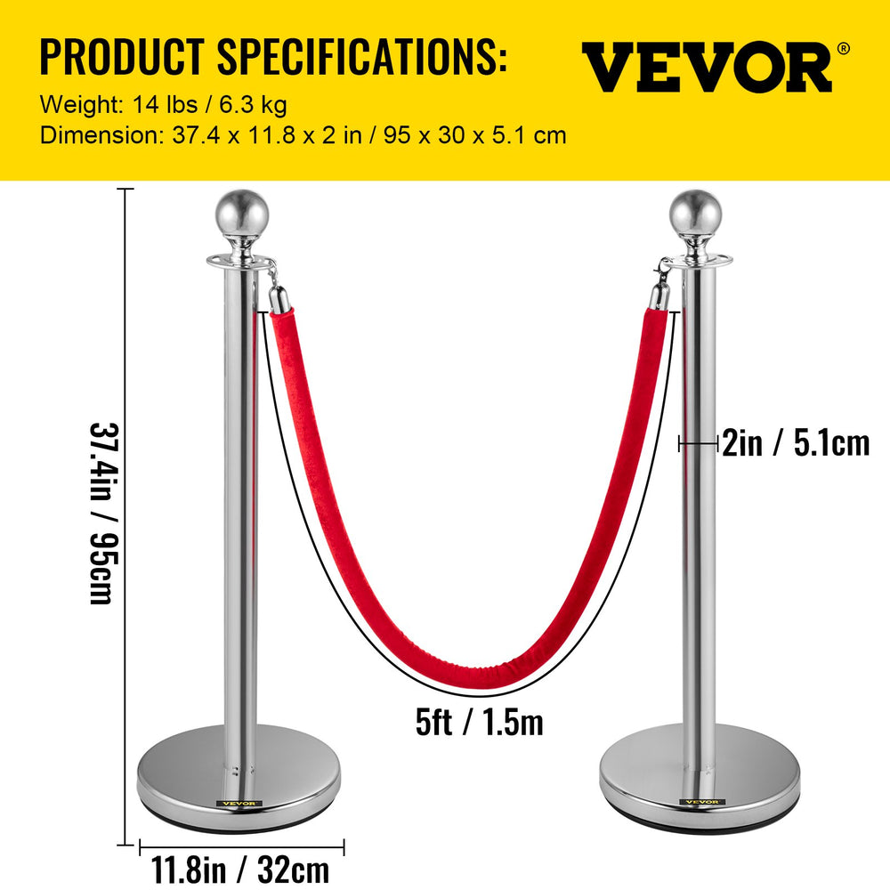 Vevor Stanchion Crowd Control Posts 37.4" Silver with 5' Red Velvet Rope 6 Pcs New