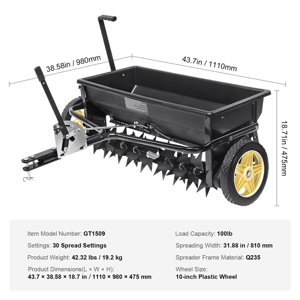 Vevor Broadcast Tow Behind Spreader 100 lbs Capacity with 10" Wheels Black New