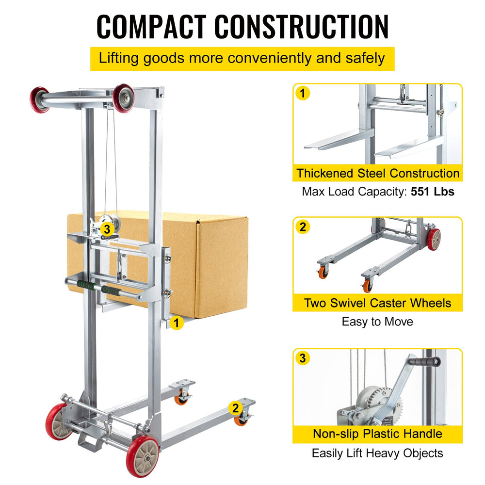 Vevor Stacker Manual Winch 41" x 25" x 72" 551 lbs. Capacity Adjustable 8.3" to 63" Height New