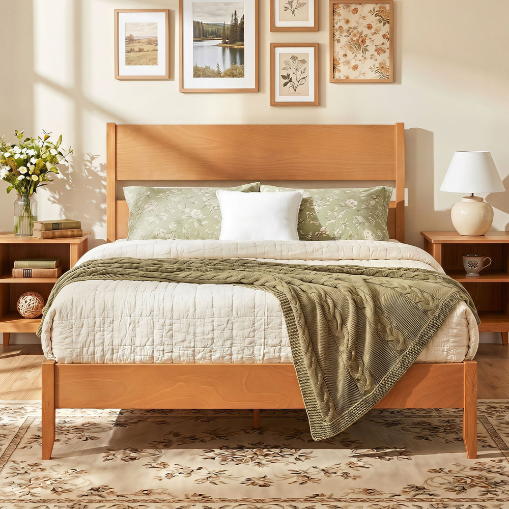 Queen bed frame in warm brown with solid wood legs and headboard, featuring 12 slats for reliable mattress support.
