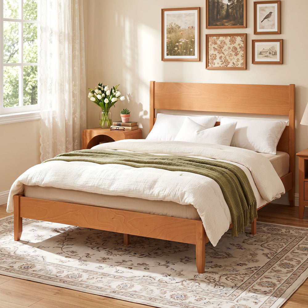 Queen bed frame in warm brown with solid wood legs and classic headboard, featuring 12 slats for mattress support.