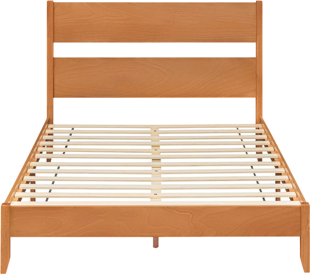 Queen bed frame in warm brown with a classic wooden headboard and 12 solid wood slats for reliable mattress support.