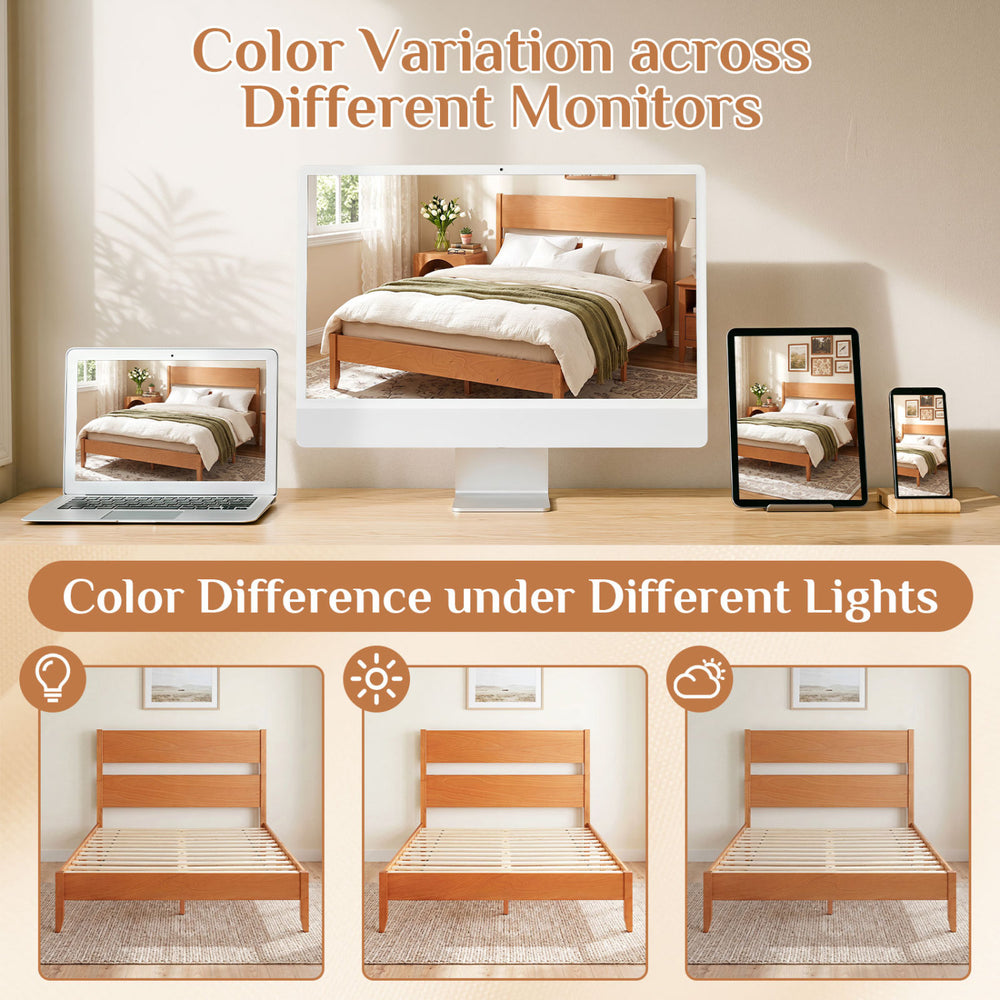 Queen bed frame in warm brown with solid wood legs and headboard, showcasing color variation under different lighting.