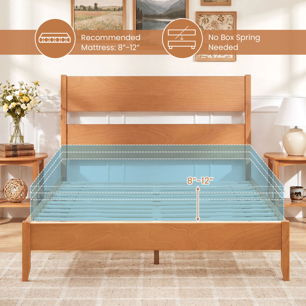 Queen bed frame with solid wood legs and headboard, featuring 12 slats and no box spring needed for support.