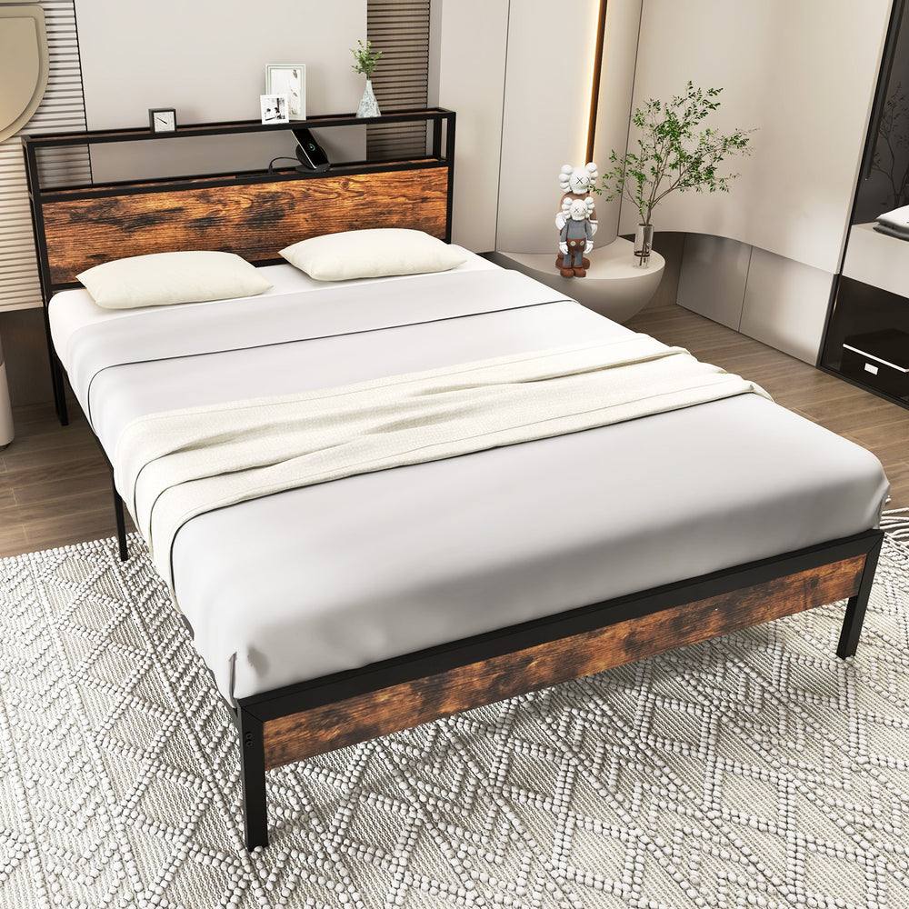 Twin/Full/Queen Bed Frame with Storage Headboard and Charging Station-Queen Size - Gallery View 1 of 12