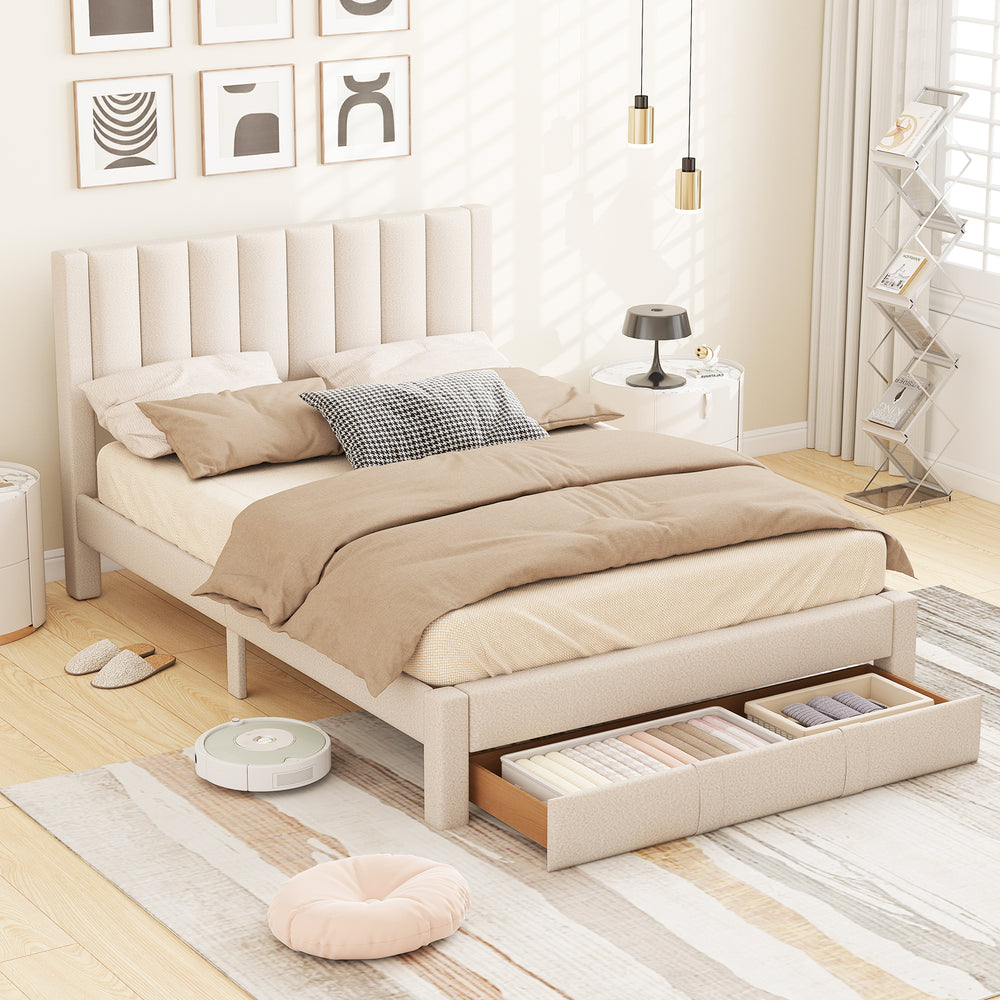 Queen Size Bed Frame with Storage Drawer and Vertical Channel Headboard-Beige - Gallery View 1 of 12