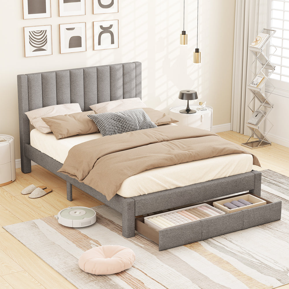 Queen Size Bed Frame with Storage Drawer and Vertical Channel Headboard-Gray - Gallery View 1 of 12
