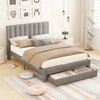 Queen size bed frame in gray with vertical channel headboard and storage drawer, perfect for organized bedroom decor.