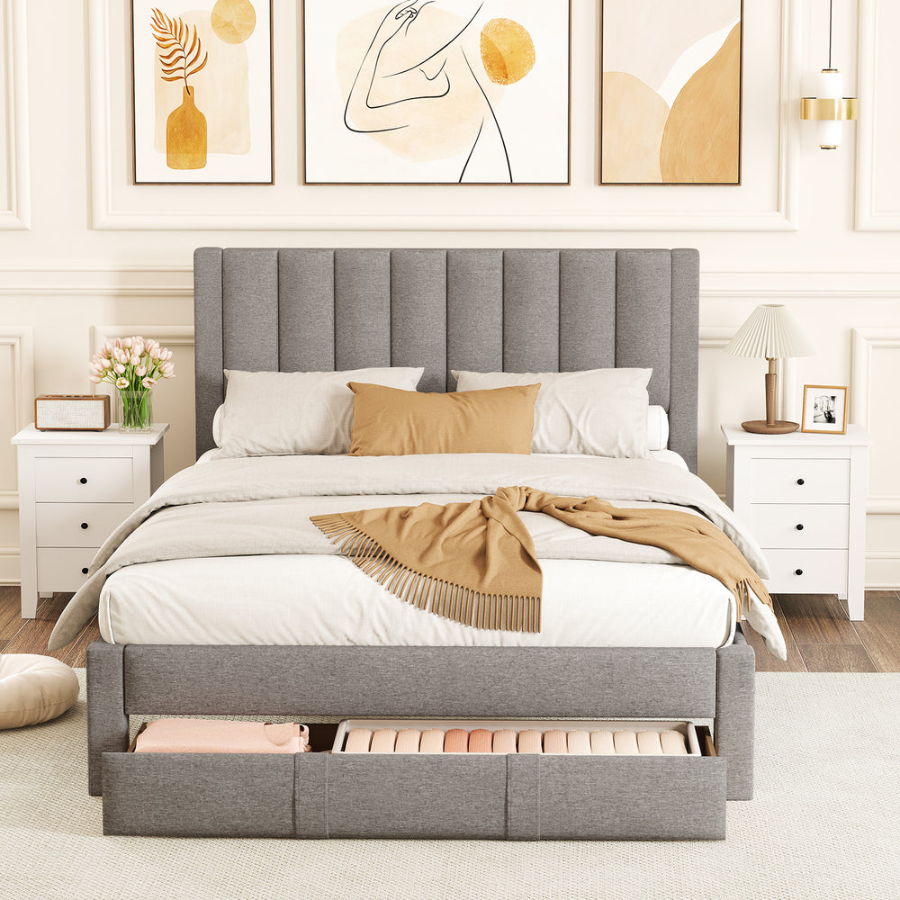 Queen size bed frame in gray with vertical channel headboard and storage drawer, perfect for organized bedroom space.
