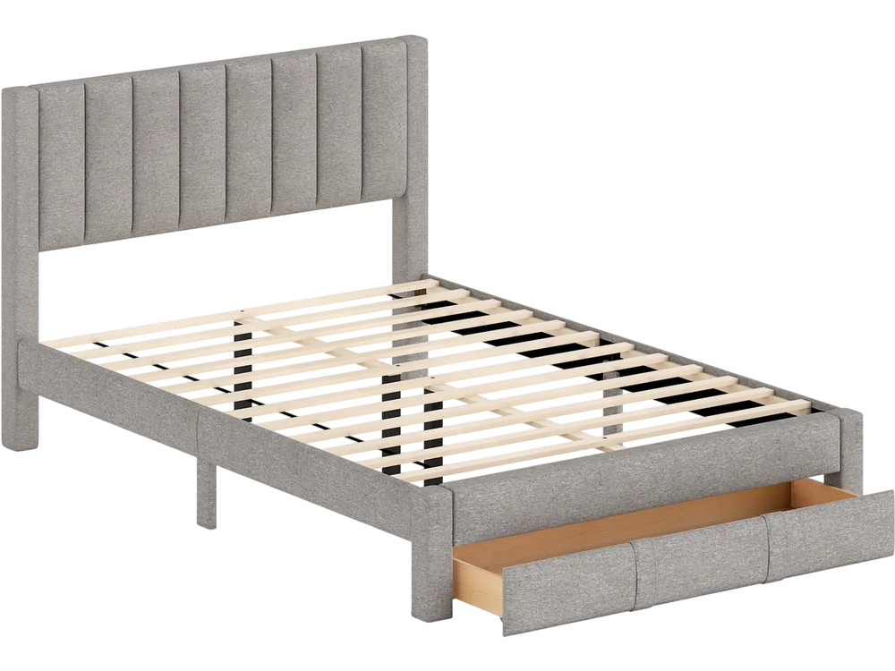 Queen size bed frame in gray with vertical channel headboard and storage drawer, ideal for organized bedroom space.