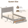 Queen size bed frame in gray with vertical channel headboard and storage drawer, featuring wooden slats for stability.