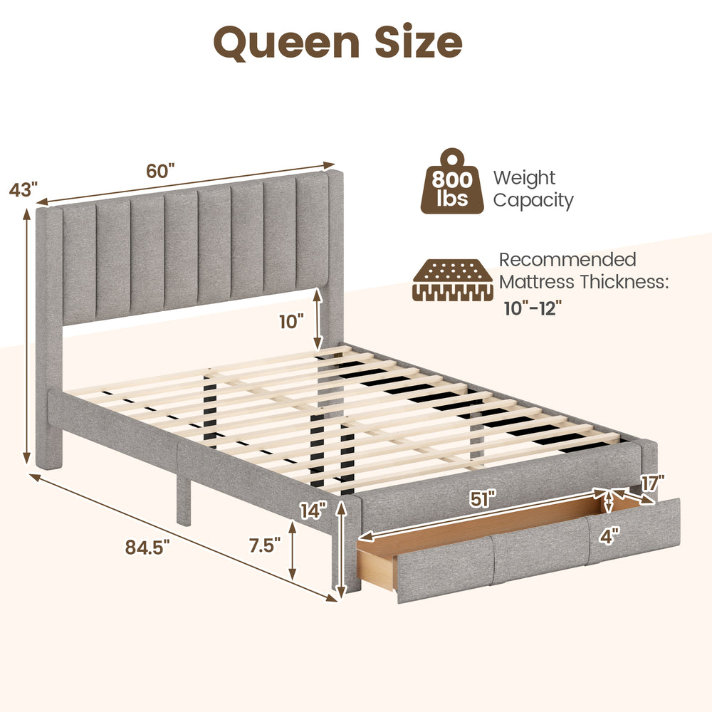 Queen size bed frame in gray with vertical channel headboard and storage drawer, featuring wooden slats for stability.